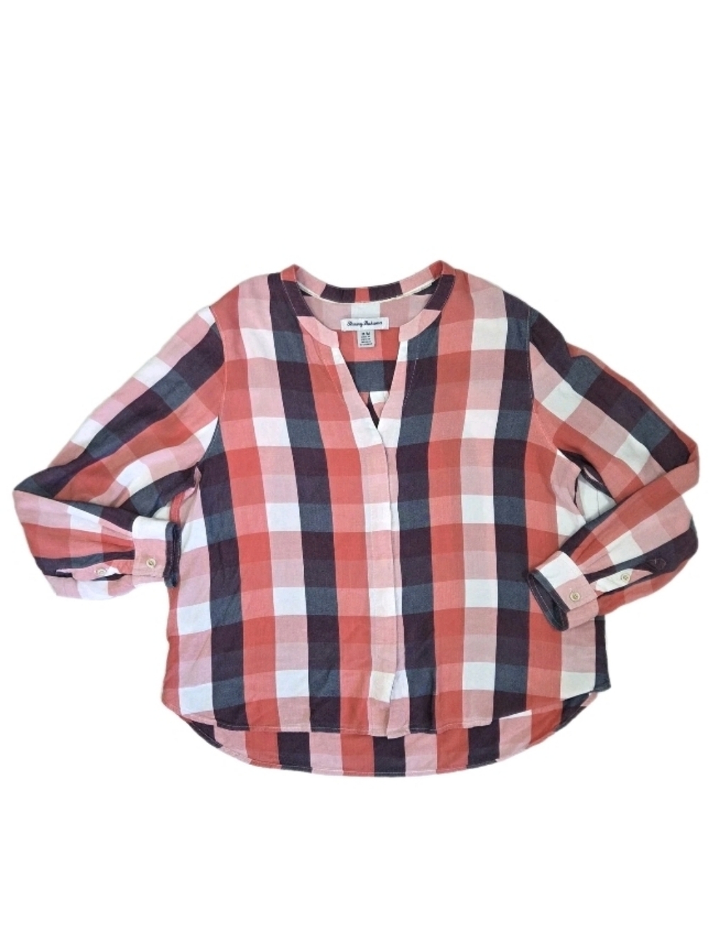 Tommy Bahama Womens V Neck Popover Shirt Size M Coral Plaid Roll Tab Sleeve